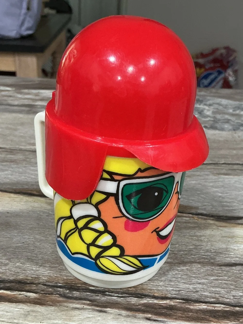 Vintage 1970s Deka Novelty Cup Mug Girl Sunglasses Red Baseball Hat Lid